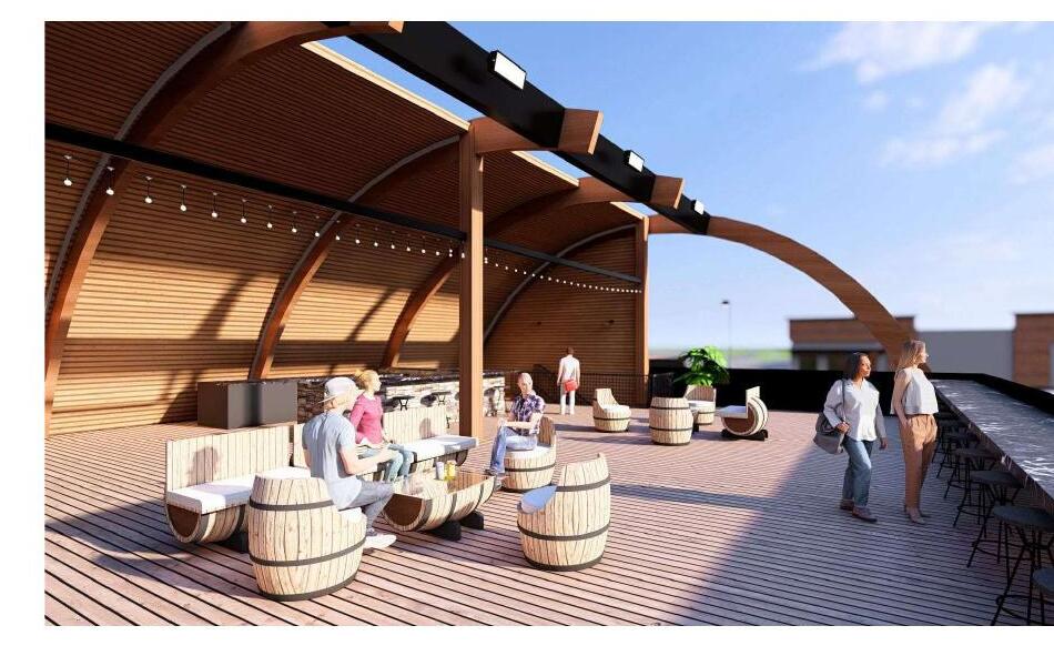Upstairs deck with barrel-stave seating, string lights, and the curved canopy