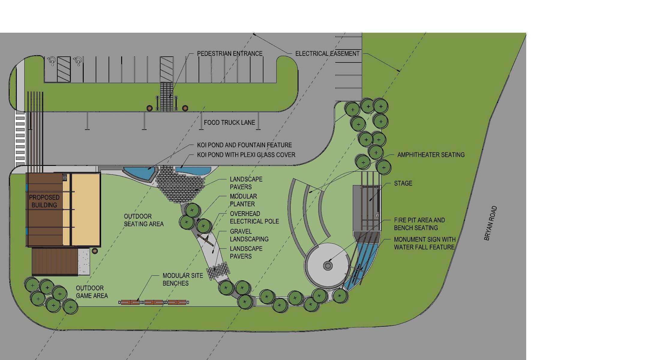 Site plan of Barrel and Bites property showing all outdoor features and amenities